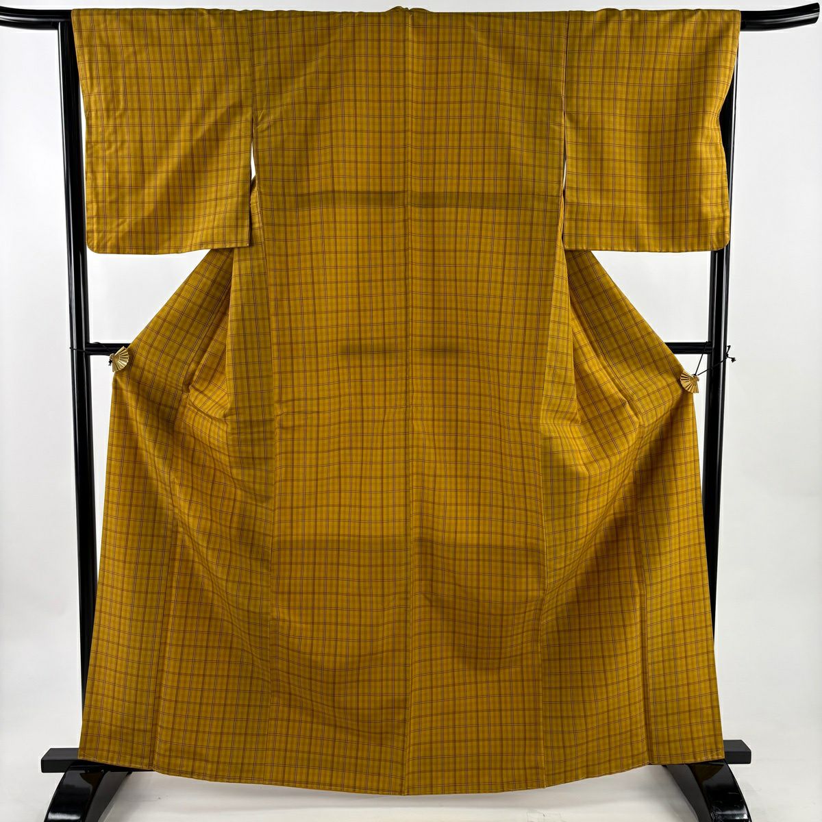 【美品】 紬織 身長165.5cm 袖長65.5cm M 雙層 巴齊領 證書附帶 格子 山吹茶 正蠶絲 優品級