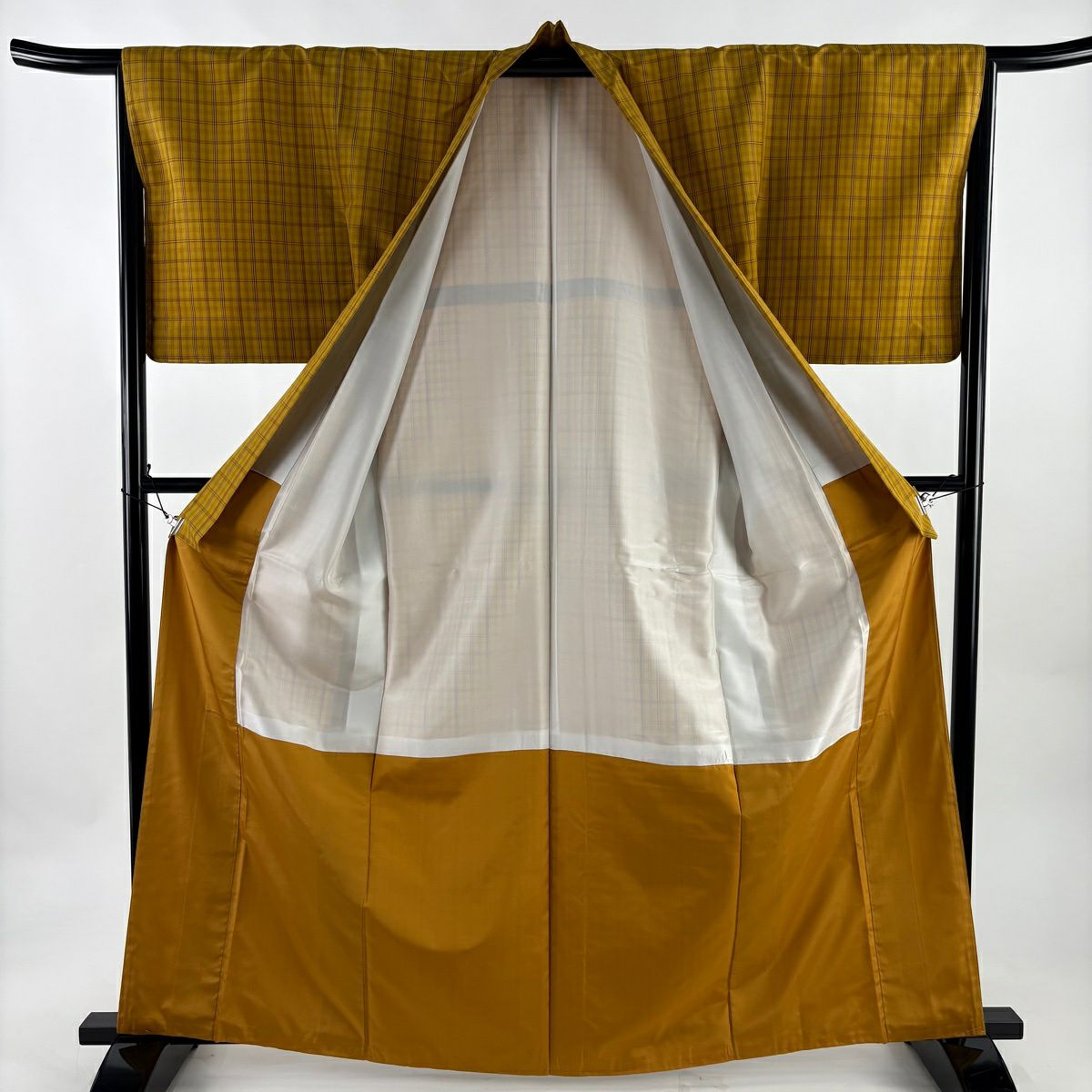 【美品】 紬織 身長165.5cm 袖長65.5cm M 雙層 巴齊領 證書附帶 格子 山吹茶 正蠶絲 優品級