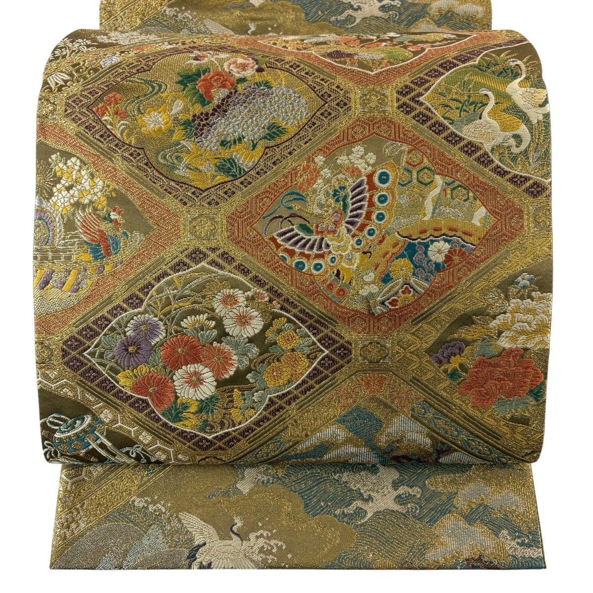 【美品】 袋帶 秀品級 本金金箔織 花鳥 蝴蝶 金銀線 金箔 金色 六通 純蠶絲