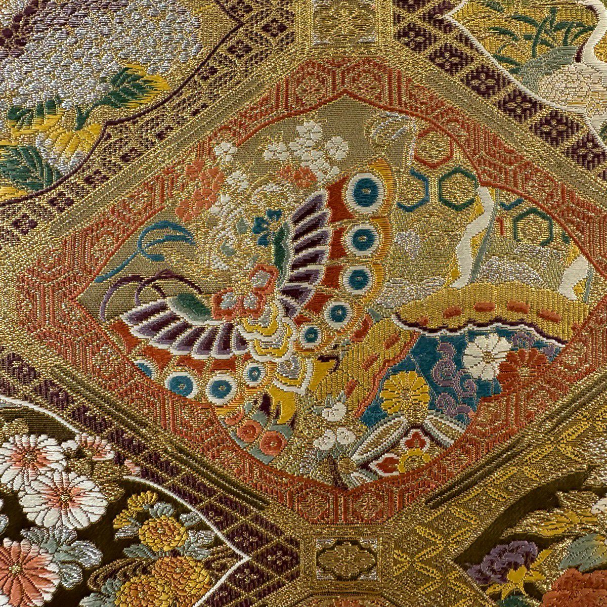 【美品】 袋帶 秀品級 本金金箔織 花鳥 蝴蝶 金銀線 金箔 金色 六通 純蠶絲