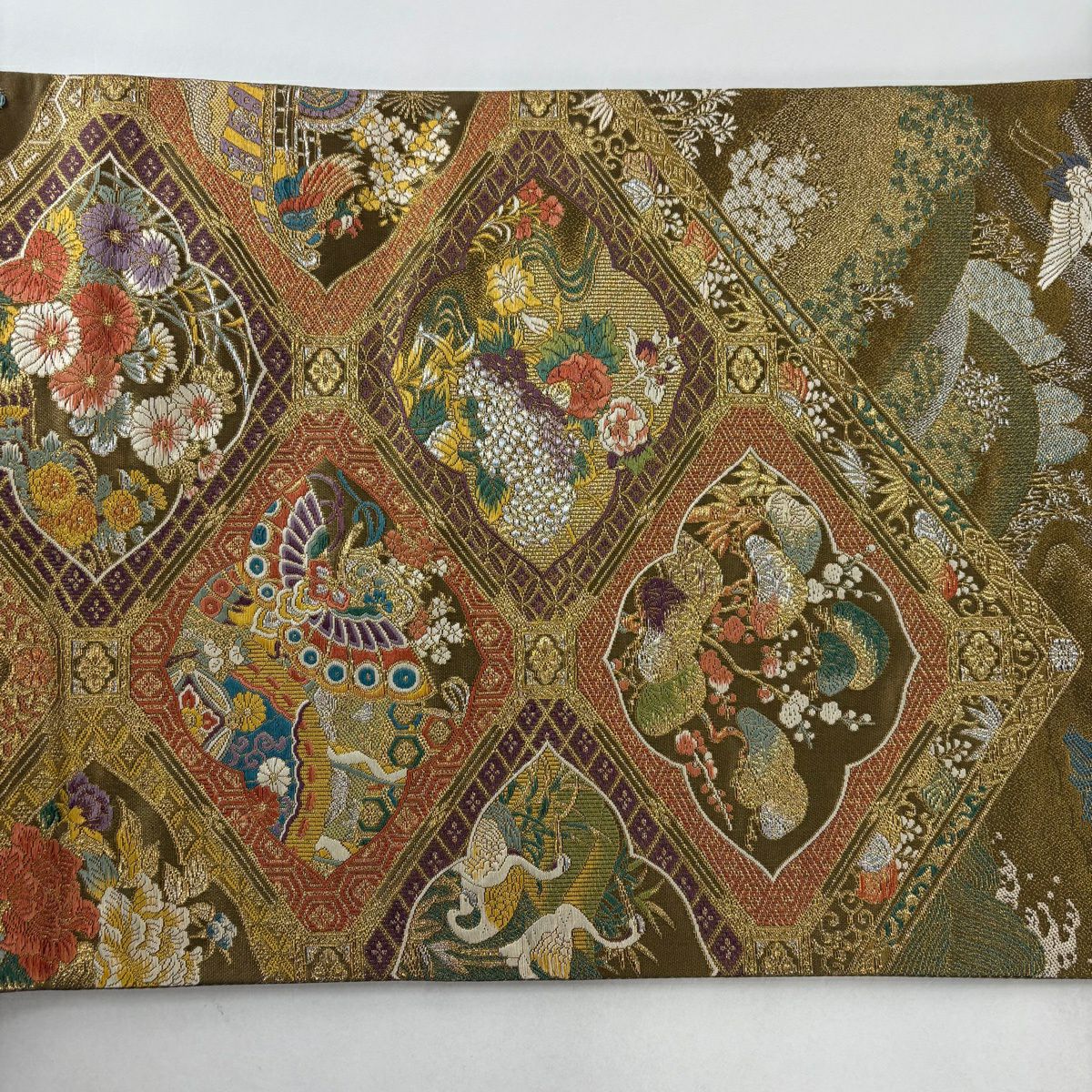 【美品】 袋帶 秀品級 本金金箔織 花鳥 蝴蝶 金銀線 金箔 金色 六通 純蠶絲