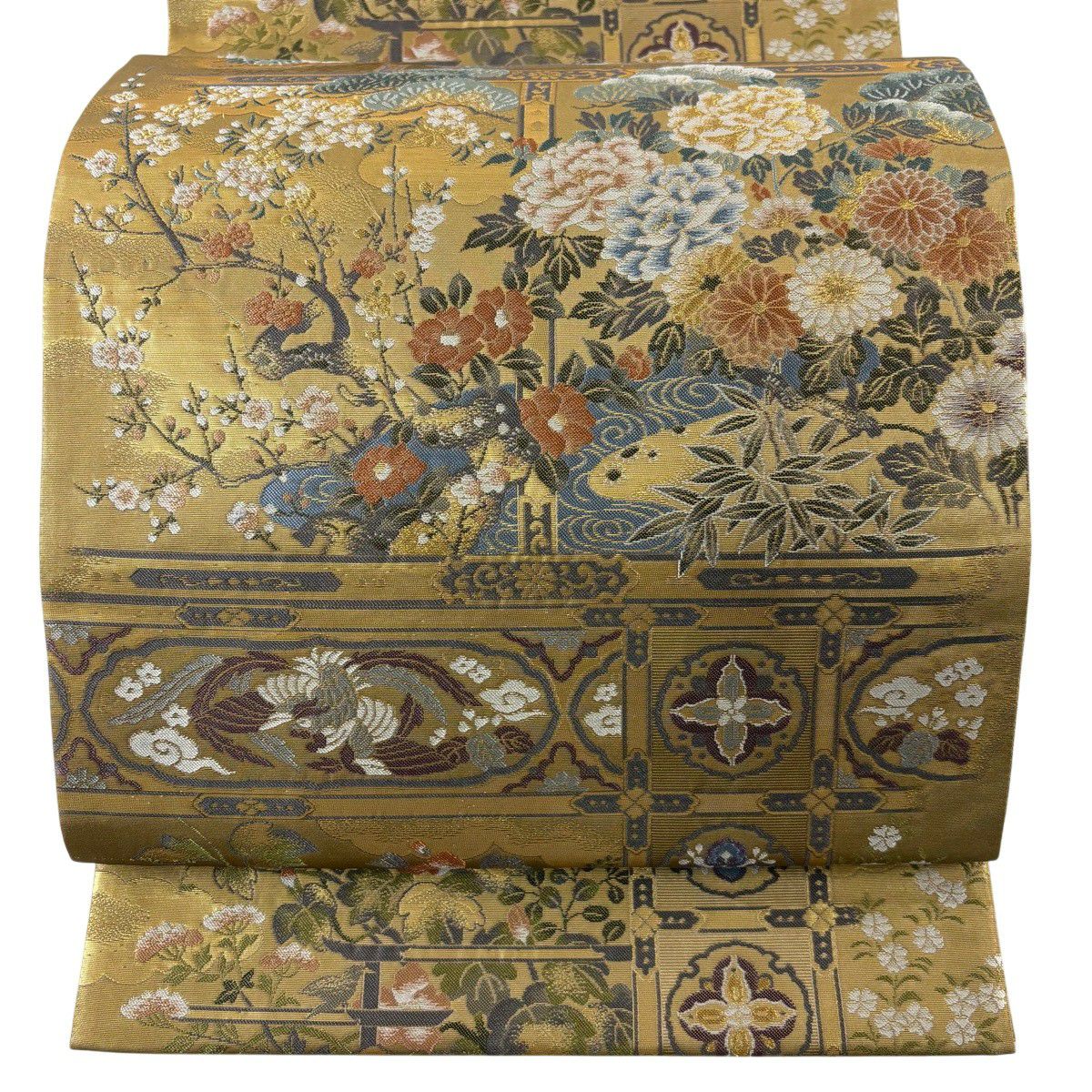 【美品】 袋帶 秀品級 草花紋紋 鳥 金絲 金金箔 金色 六通 純蠶絲