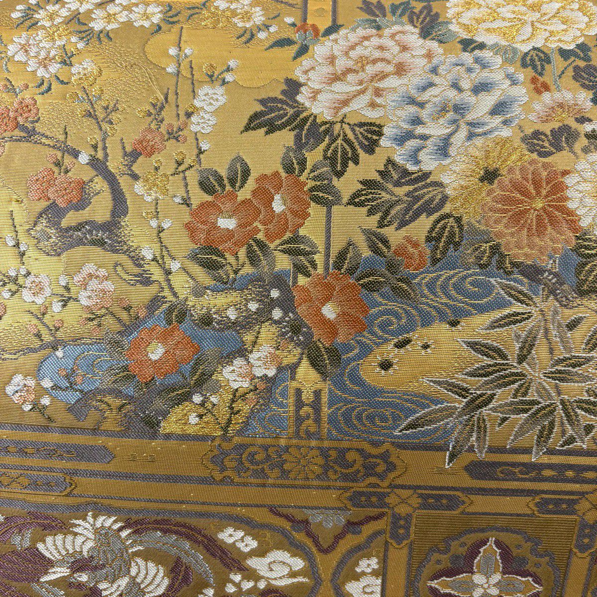 【美品】 袋帶 秀品級 草花紋紋 鳥 金絲 金金箔 金色 六通 純蠶絲