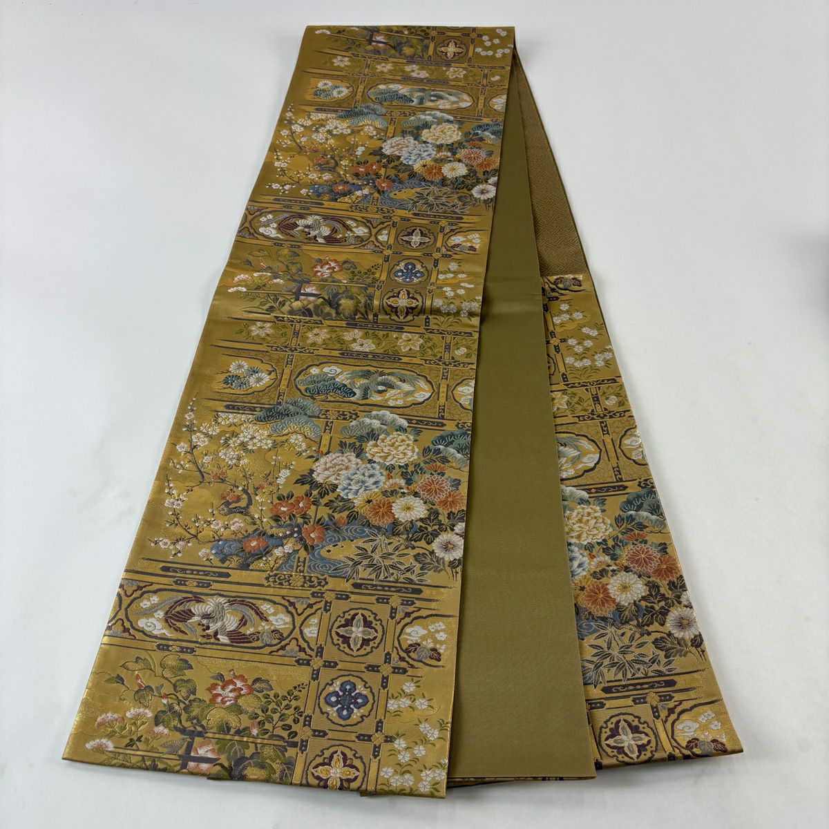 【美品】 袋帶 秀品級 草花紋紋 鳥 金絲 金金箔 金色 六通 純蠶絲