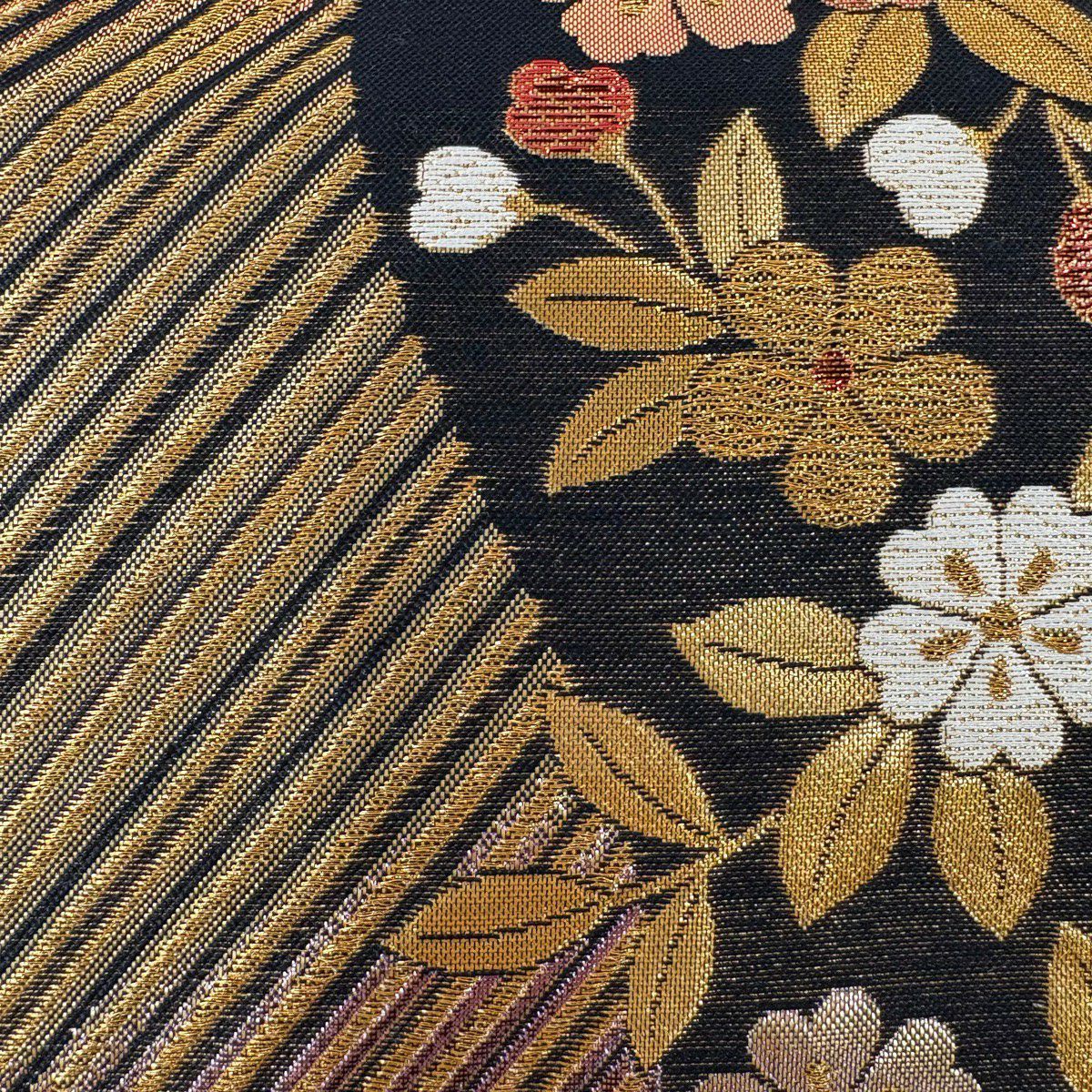 【美品】 袋帶 優品級 櫻花 條紋 金絲 金金箔 黑色 六通 純蠶絲