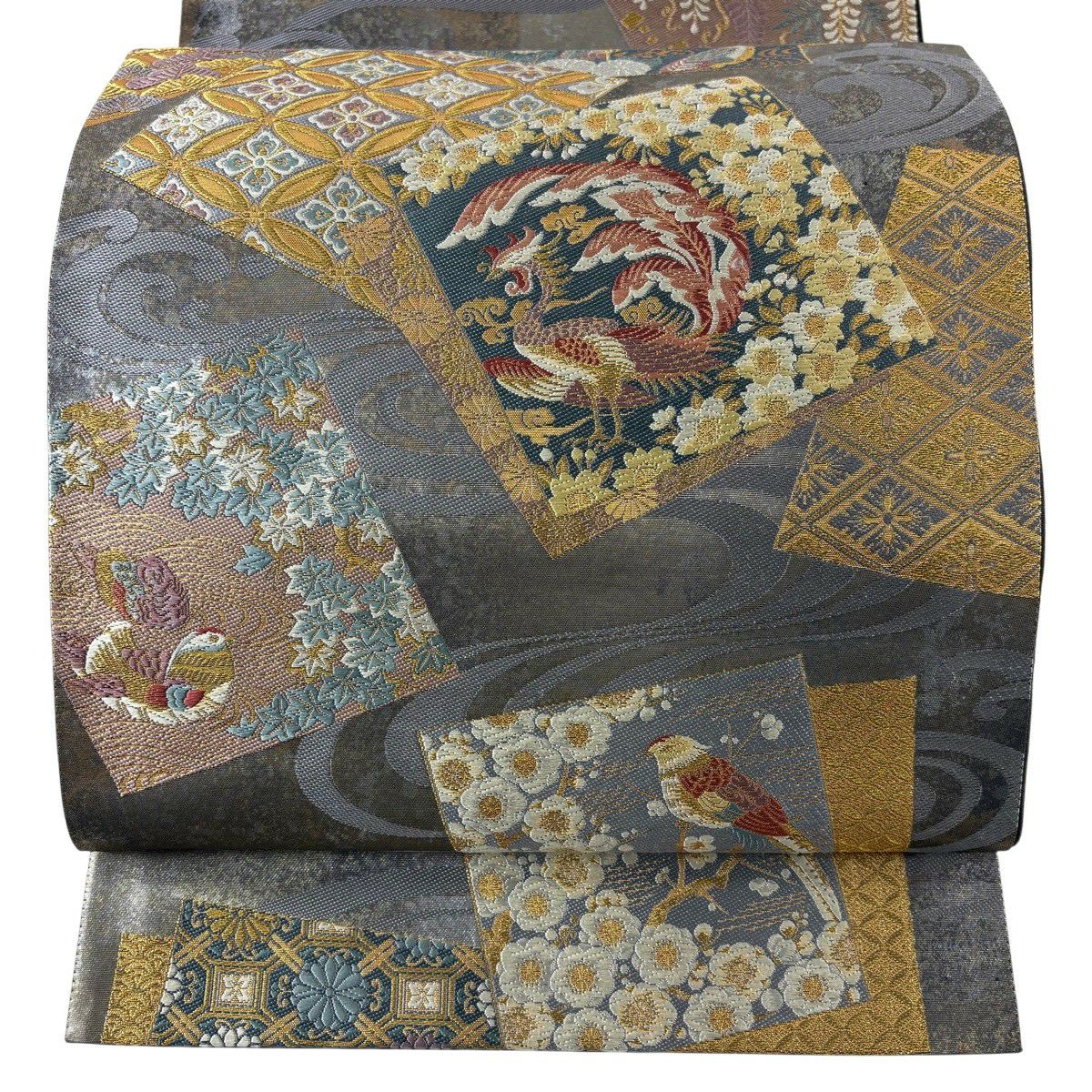 【美品】 袋帶 秀品級 色紙 花鳥 金糸 金金箔 灰 深藍 六通 純蠶絲