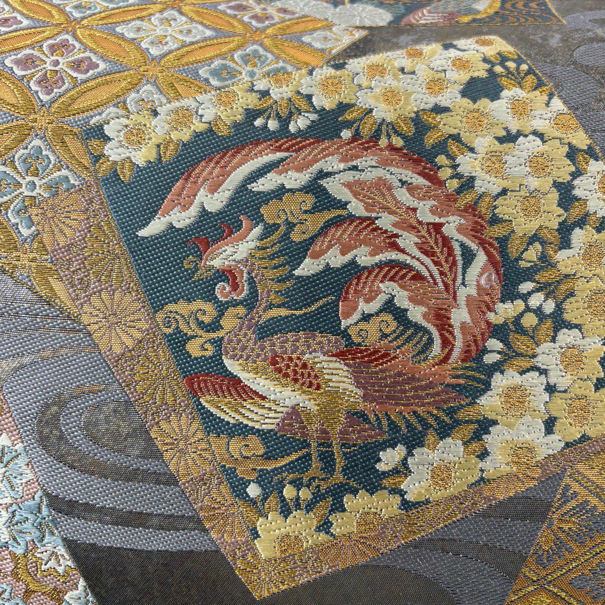 【美品】 袋帶 秀品級 色紙 花鳥 金糸 金金箔 灰 深藍 六通 純蠶絲