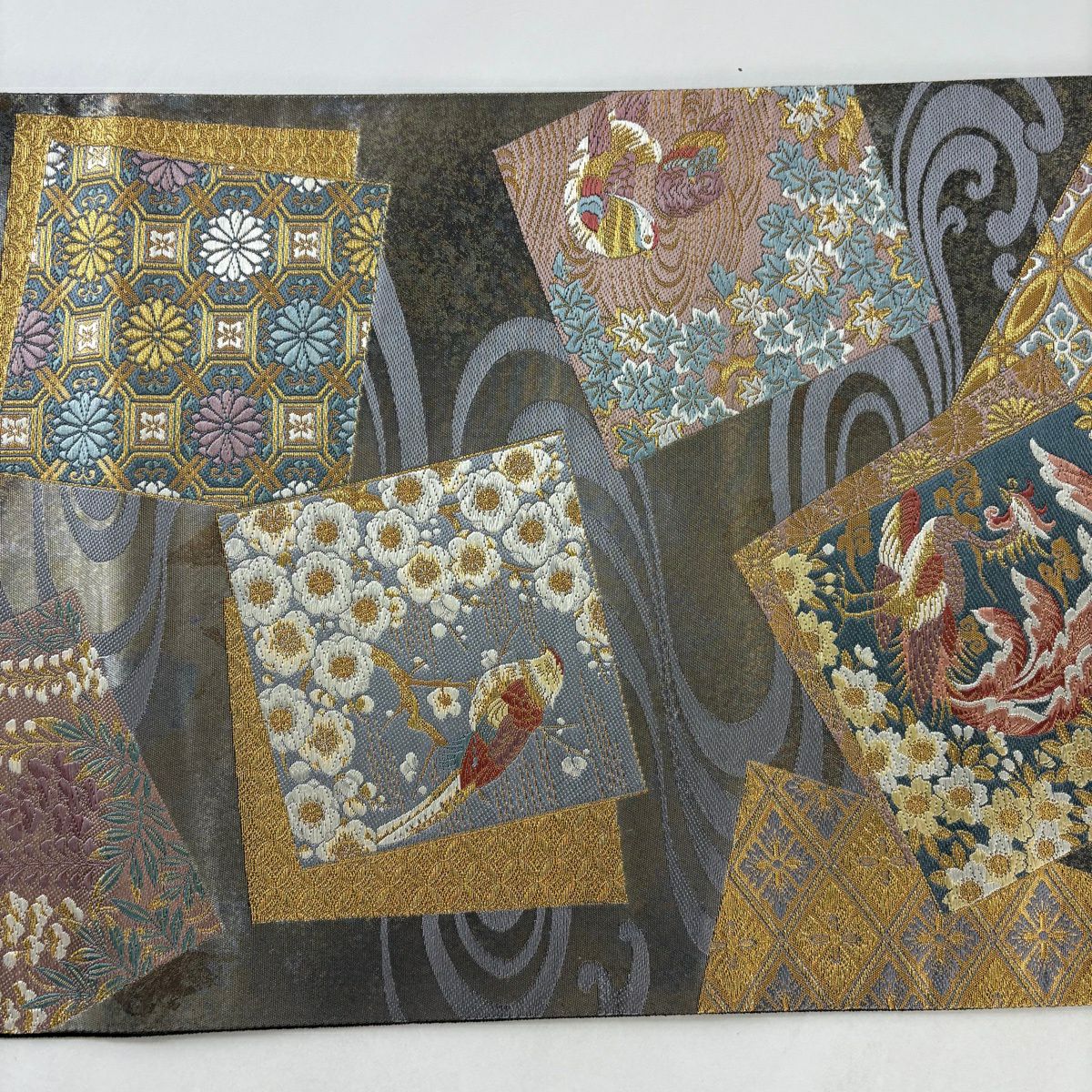 【美品】 袋帶 秀品級 色紙 花鳥 金糸 金金箔 灰 深藍 六通 純蠶絲