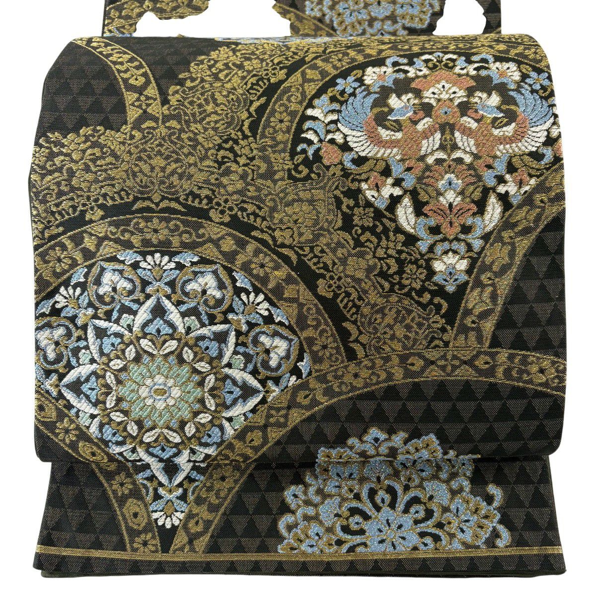 【美品】 袋帶 秀品級 向鳥 草花紋 金絲 茶綠 六通 純蠶絲