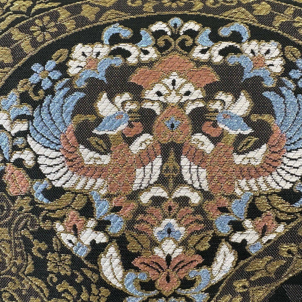 【美品】 袋帶 秀品級 向鳥 草花紋 金絲 茶綠 六通 純蠶絲