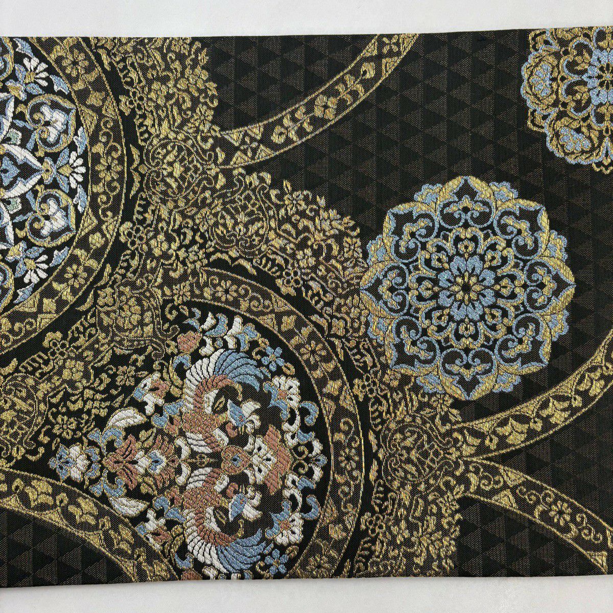 【美品】 袋帶 秀品級 向鳥 草花紋 金絲 茶綠 六通 純蠶絲