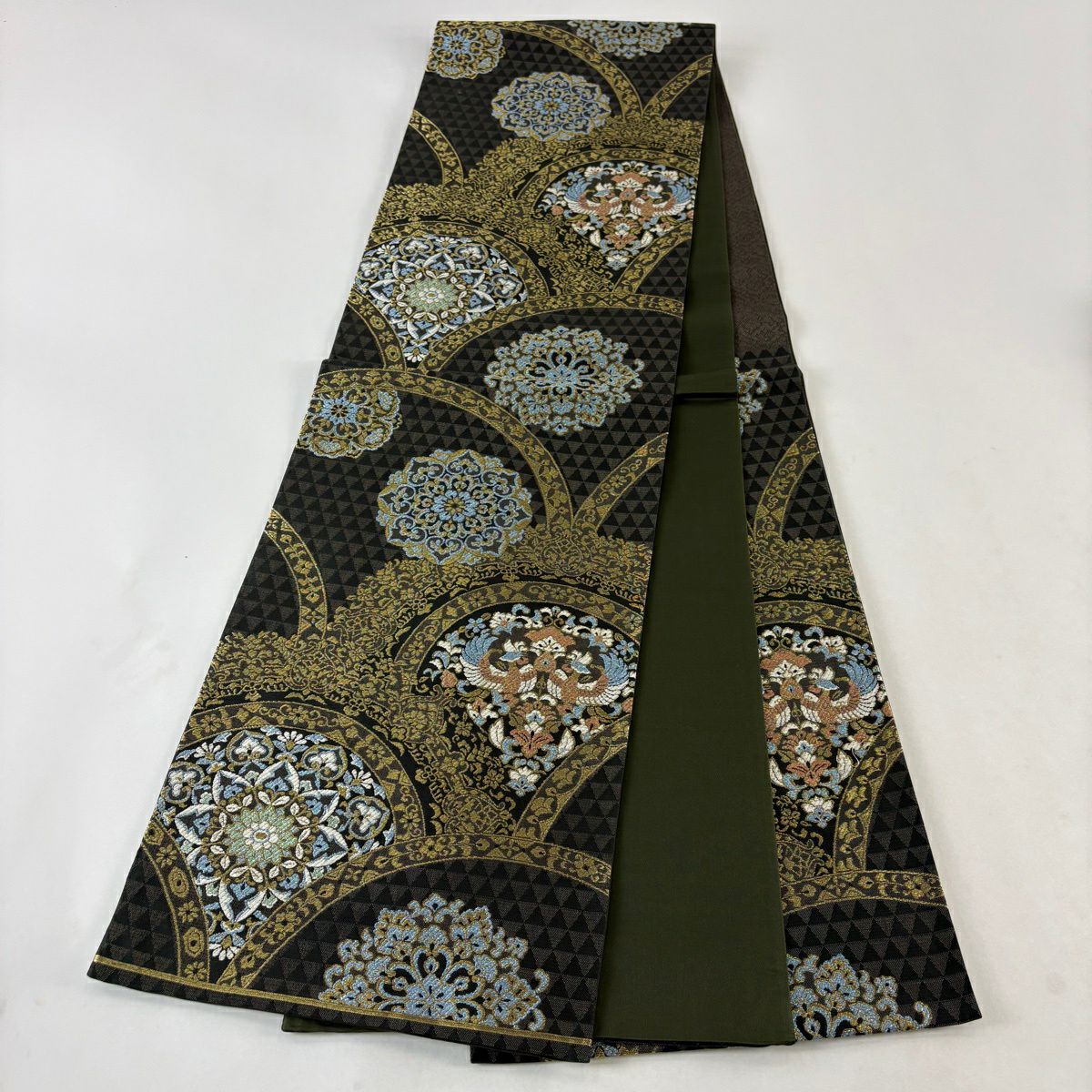 【美品】 袋帶 秀品級 向鳥 草花紋 金絲 茶綠 六通 純蠶絲