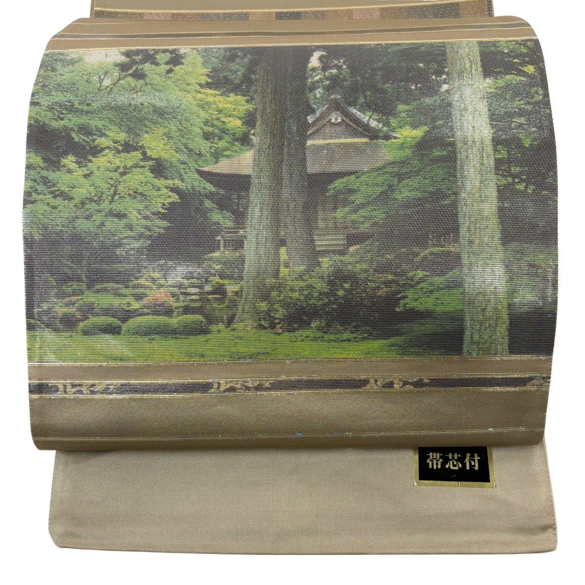 【美品】 袋帶 秀品級 證書齊全 三千院 金金箔 灰綠色 大鼓圖案 純蠶絲