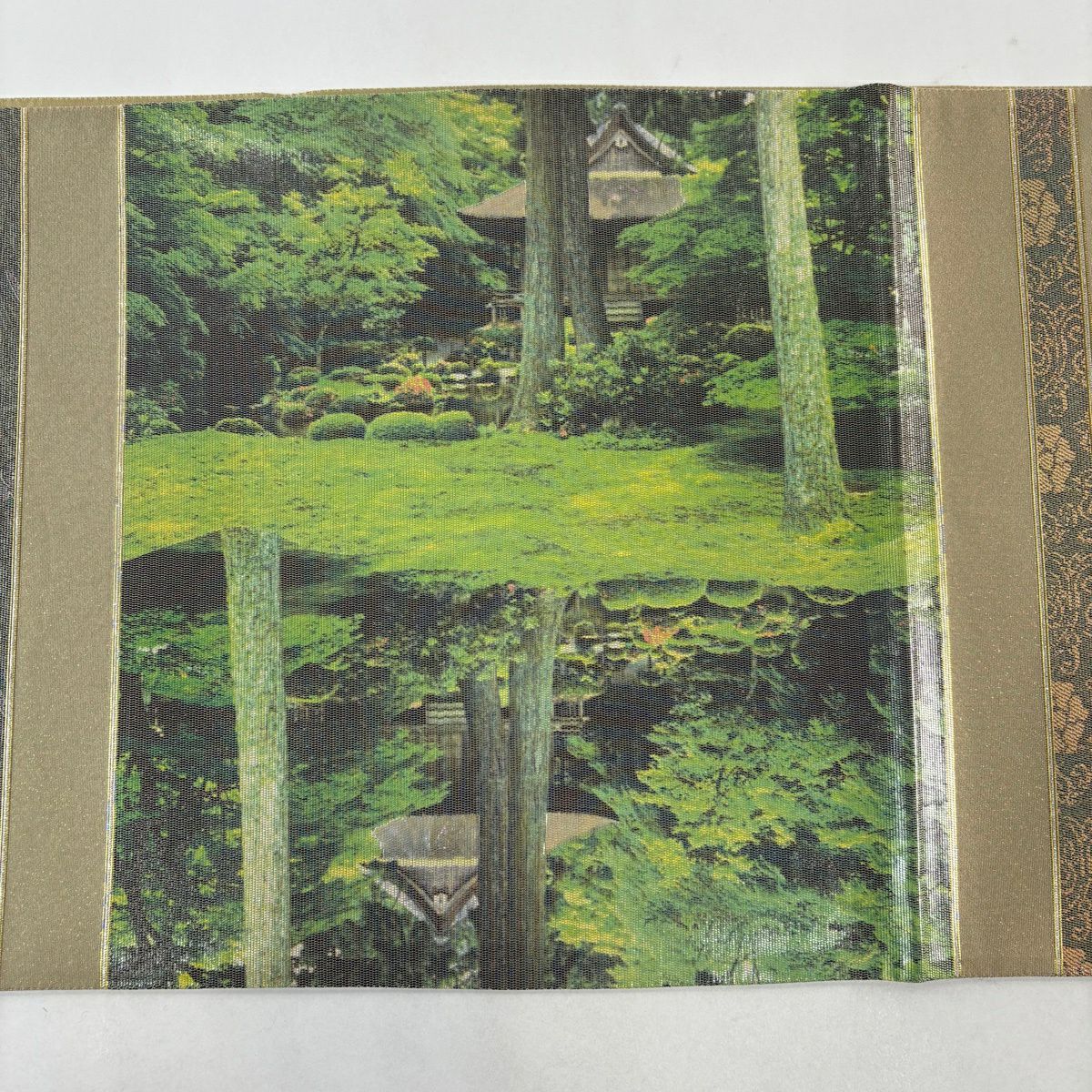 【美品】 袋帶 秀品級 證書齊全 三千院 金金箔 灰綠色 大鼓圖案 純蠶絲