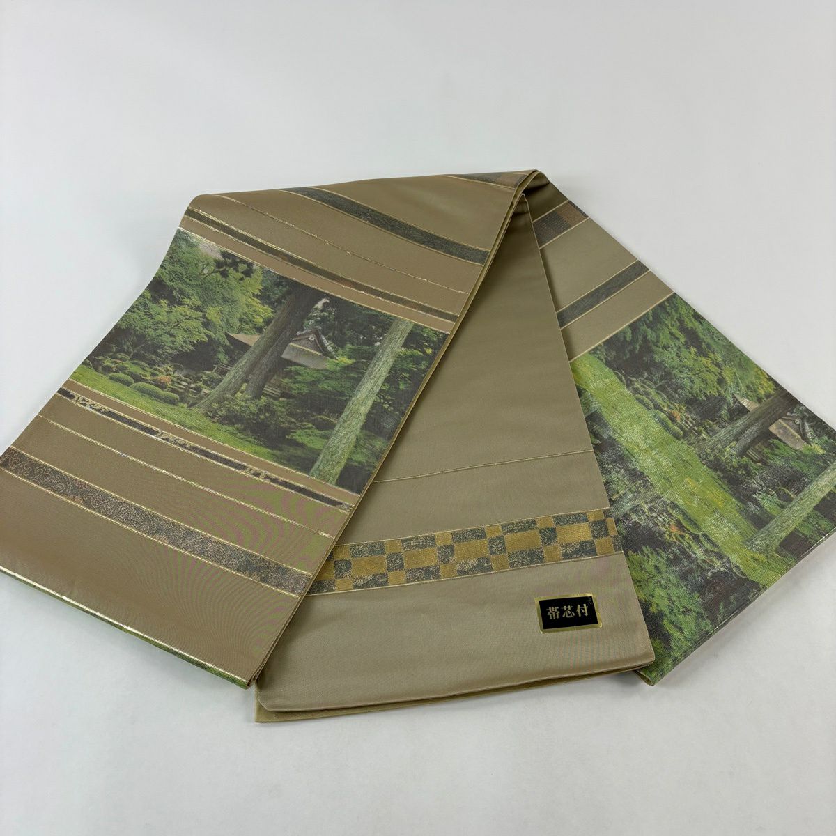 【美品】 袋帶 秀品級 證書齊全 三千院 金金箔 灰綠色 大鼓圖案 純蠶絲