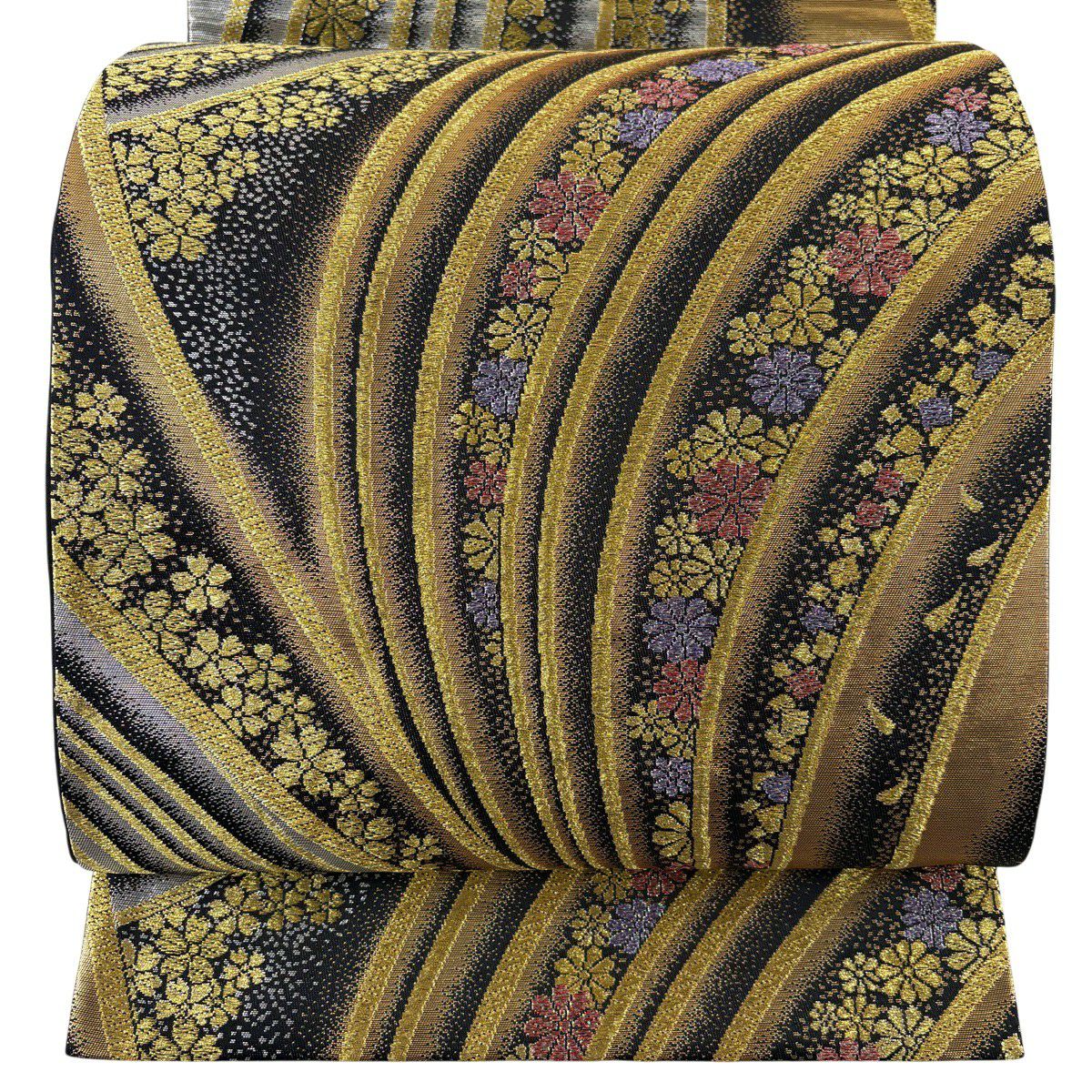 【美品】 袋帶 秀品級 草花紋紋 波 金糸 金金箔 黑 六通 純蠶絲
