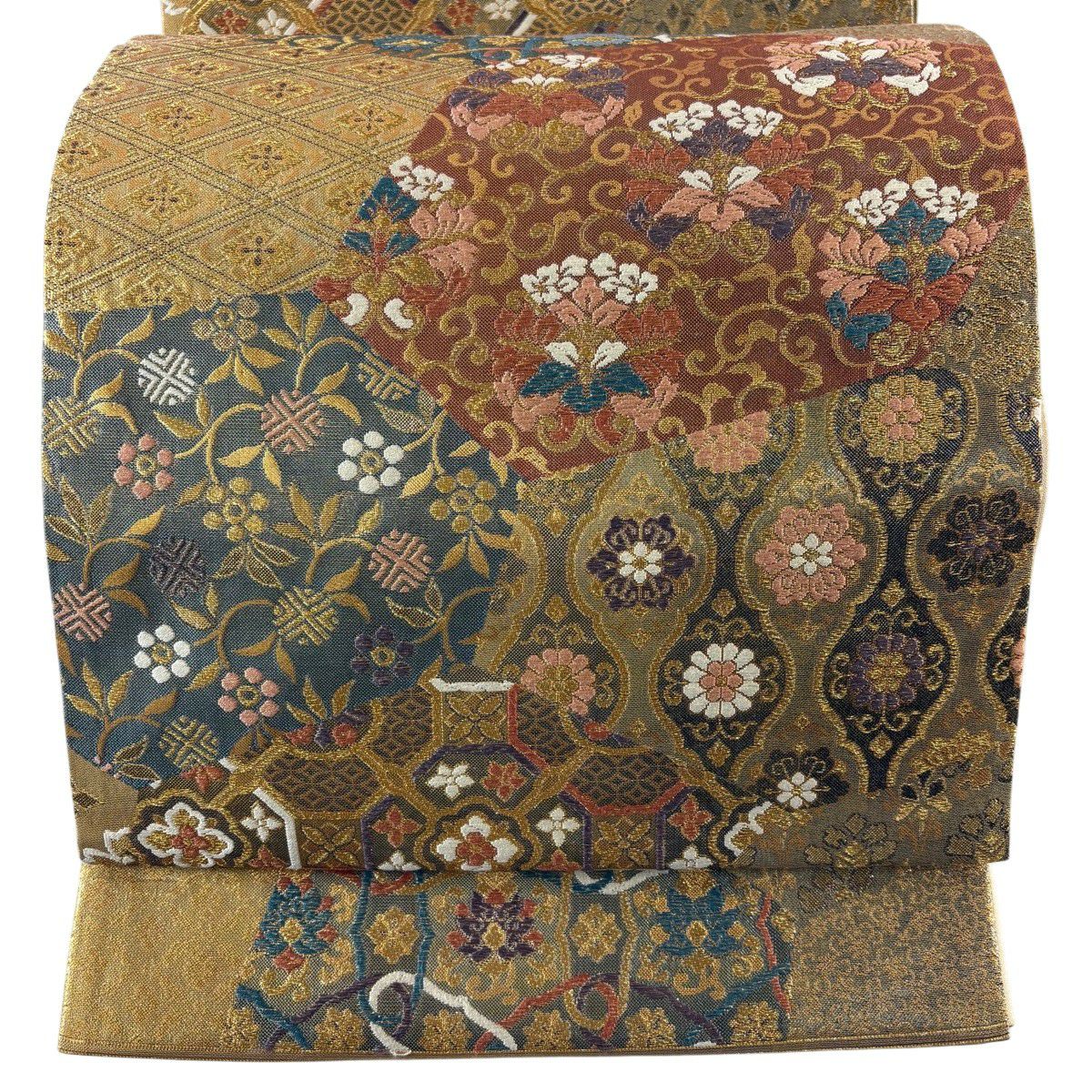 【美品】 袋帶 秀品級 草花紋紋 笹蔓 金絲 金金箔 金色 六通 純蠶絲