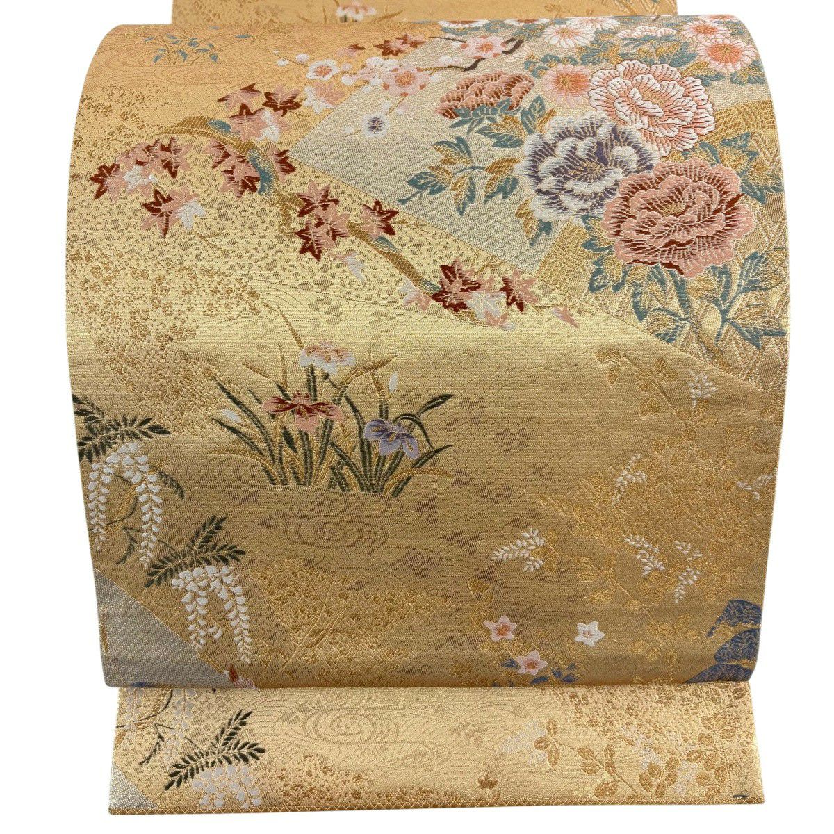 【美品】 袋帶 秀品級 草花紋 流水 金絲 金金箔 金色 六通 純蠶絲