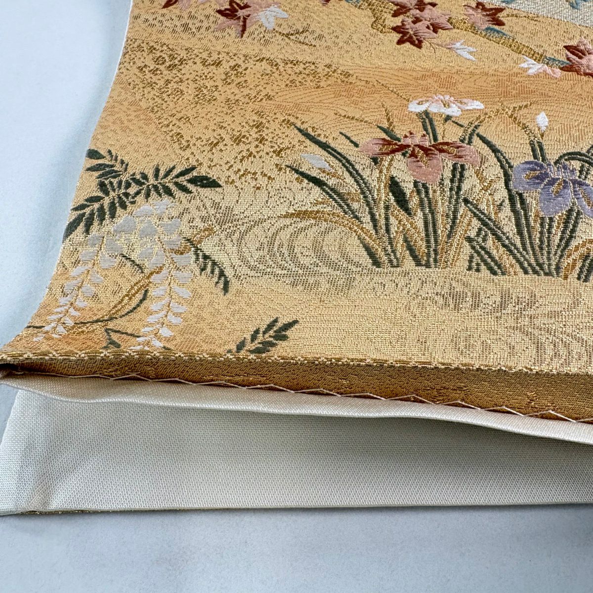 【美品】 袋帶 秀品級 草花紋 流水 金絲 金金箔 金色 六通 純蠶絲
