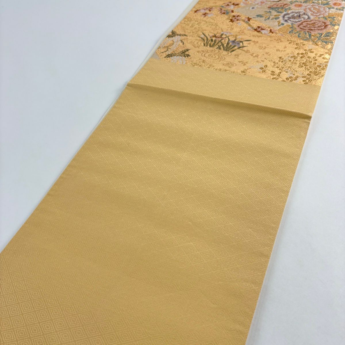 【美品】 袋帶 秀品級 草花紋 流水 金絲 金金箔 金色 六通 純蠶絲