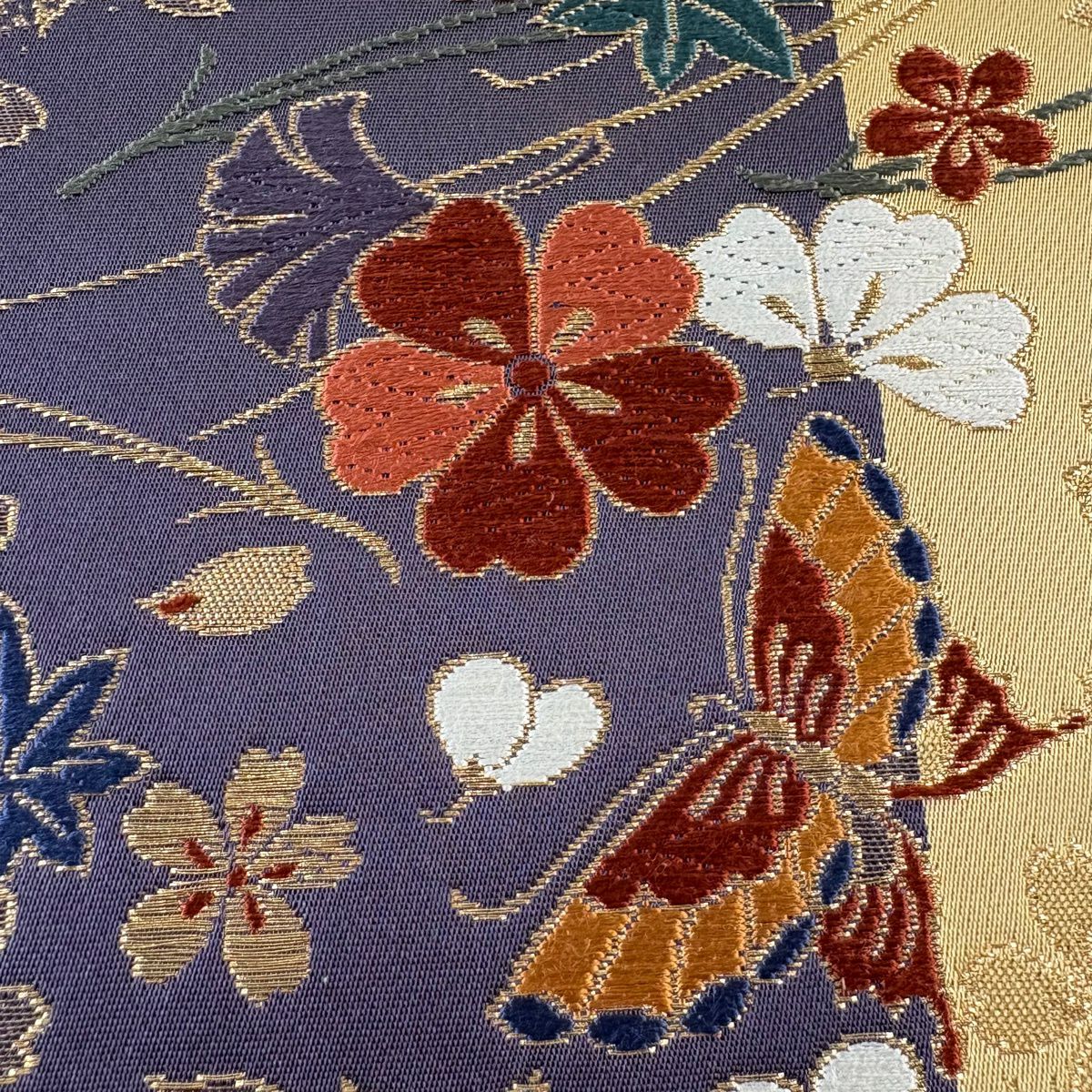 【美品】 袋帶 秀品級 蝶花 櫻花 金金箔 紫 六通 純蠶絲