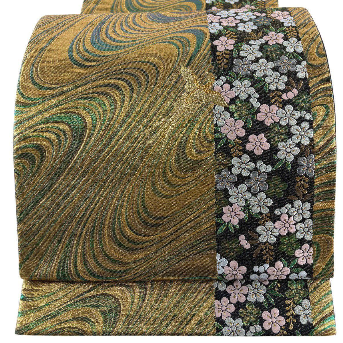 【美品】 袋帶 秀品級 振袖禮服禮服用 梅花 鳥 金銀彩 金色 六通 純蠶絲