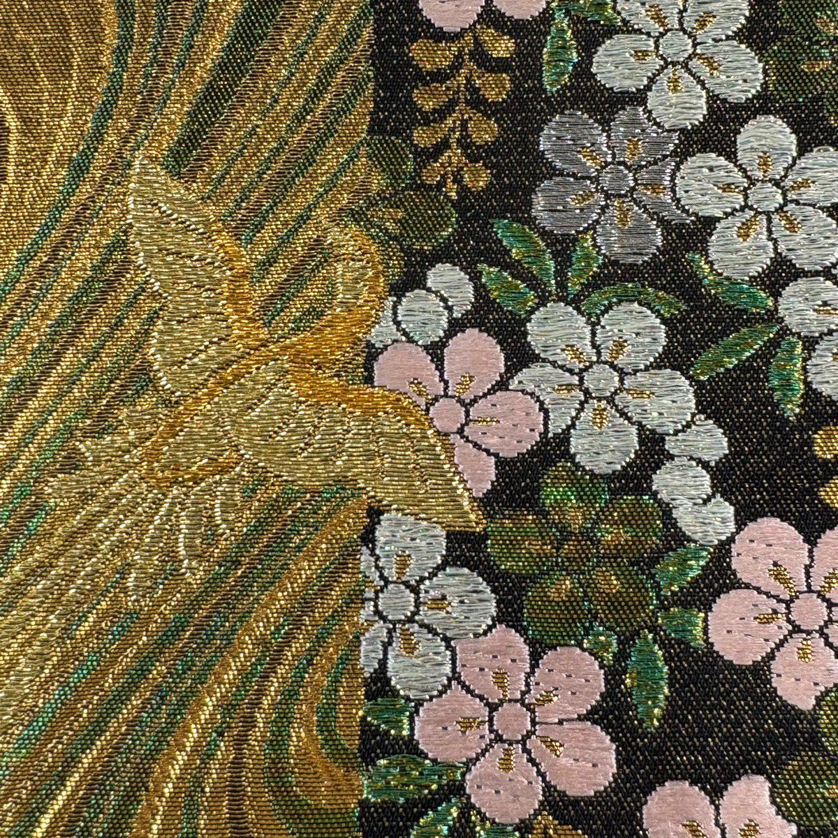 【美品】 袋帶 秀品級 振袖禮服禮服用 梅花 鳥 金銀彩 金色 六通 純蠶絲