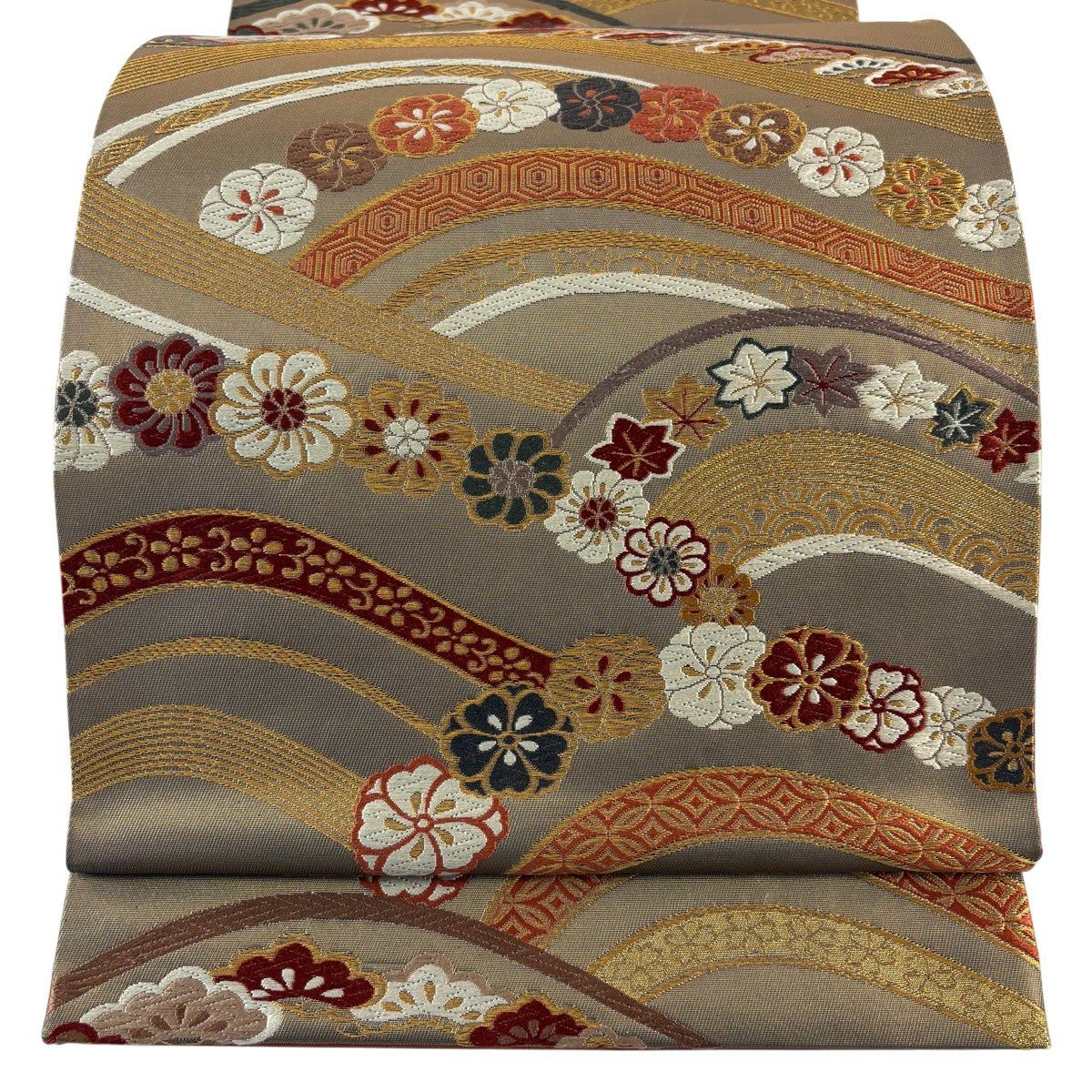 【美品】 袋帶 秀品級 鈴乃屋 櫻 梅花 金絲 金金箔 金茶 六通 純蠶絲