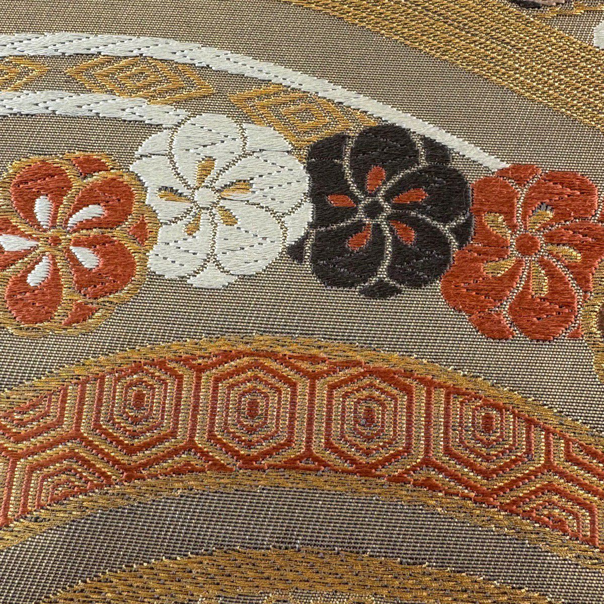【美品】 袋帶 秀品級 鈴乃屋 櫻 梅花 金絲 金金箔 金茶 六通 純蠶絲