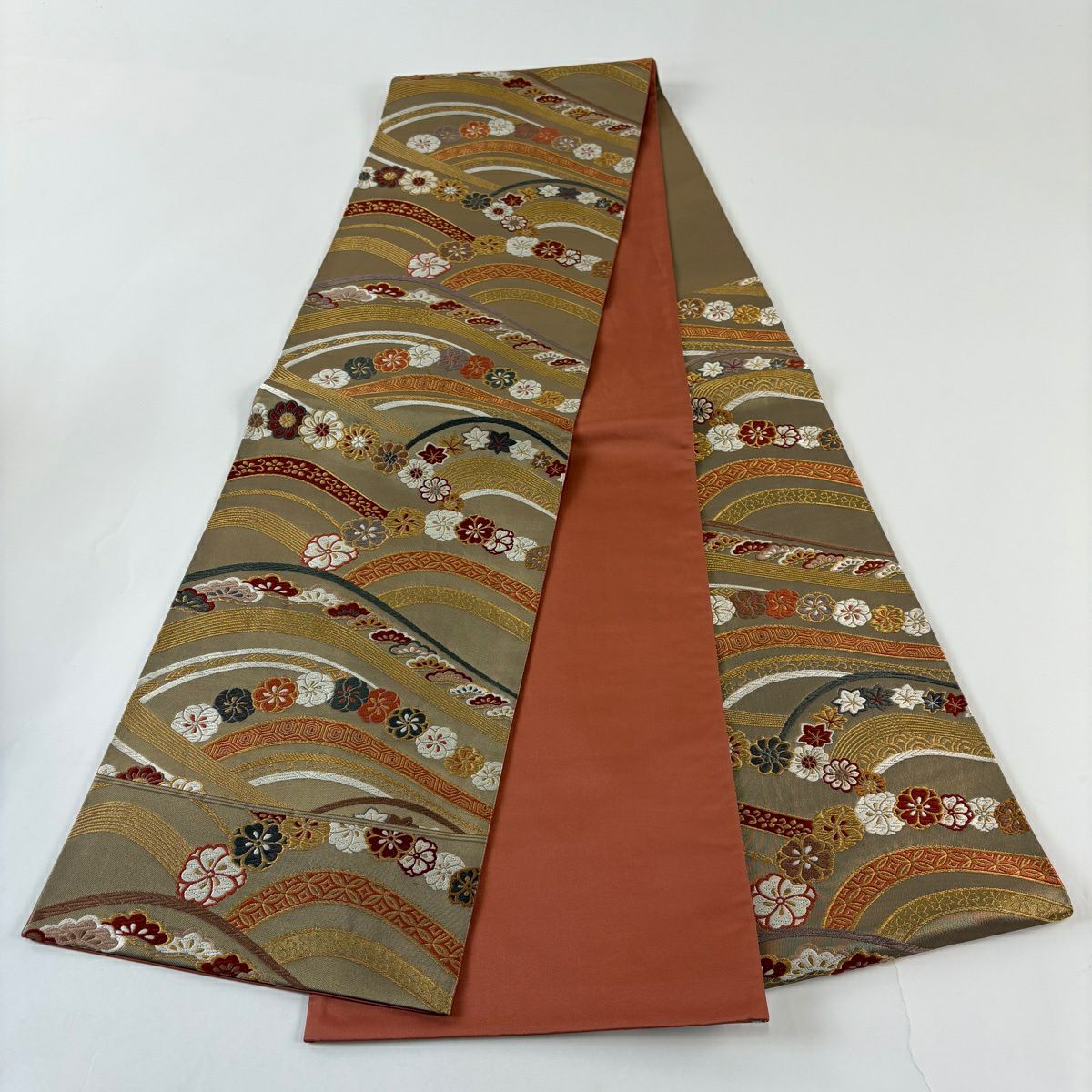 【美品】 袋帶 秀品級 鈴乃屋 櫻 梅花 金絲 金金箔 金茶 六通 純蠶絲