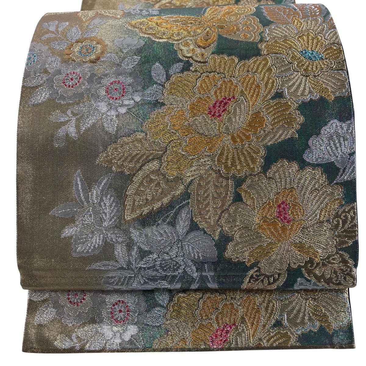 【美品】 袋帶 秀品級 蝶 牡丹 金銀彩 金金箔 綠 六通 純蠶絲