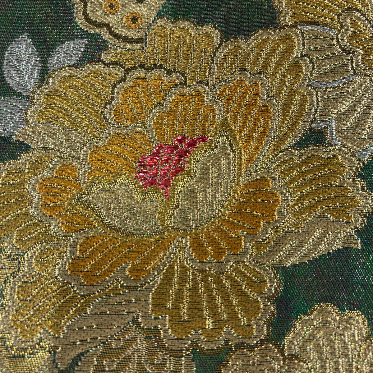 【美品】 袋帶 秀品級 蝶 牡丹 金銀彩 金金箔 綠 六通 純蠶絲