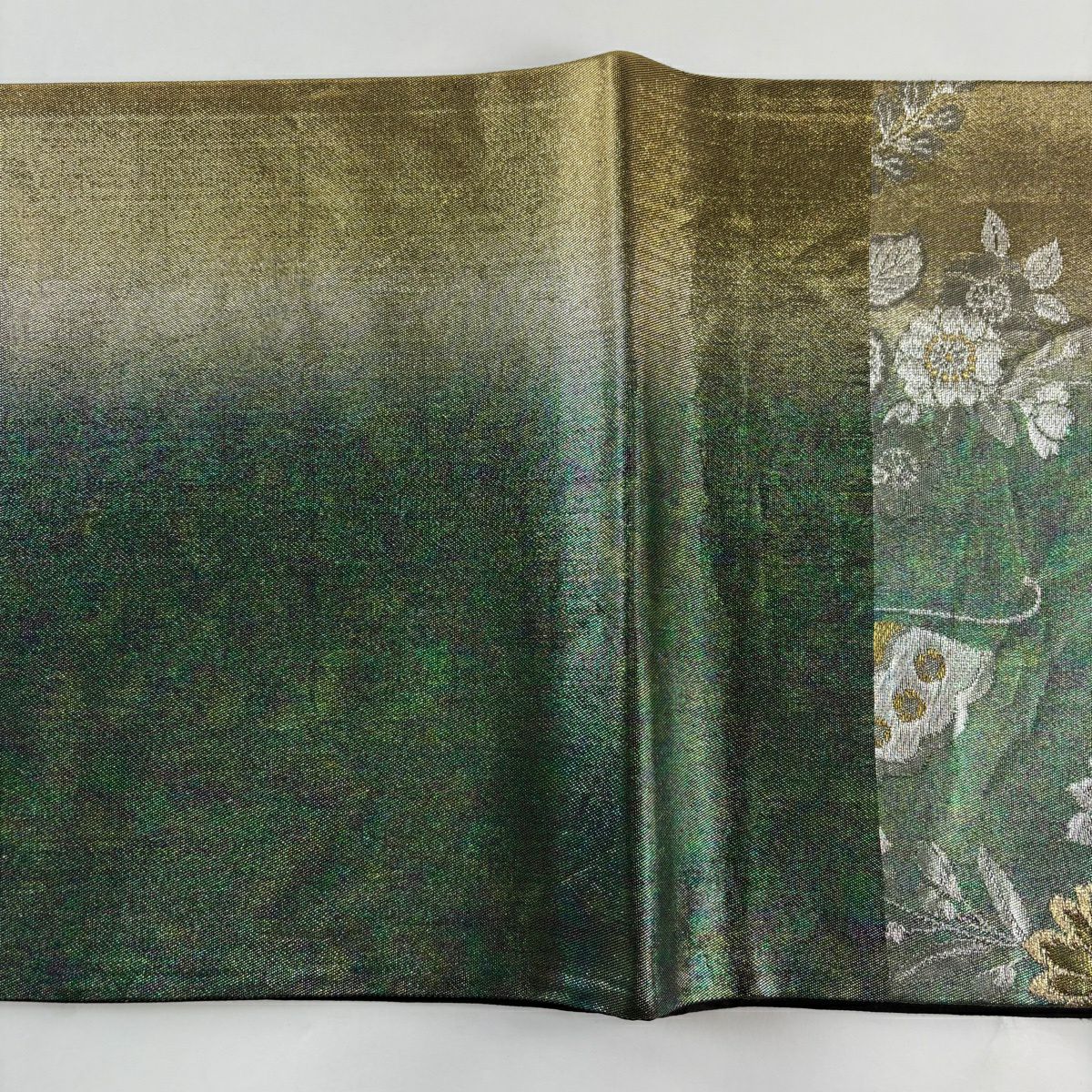 【美品】 袋帶 秀品級 蝶 牡丹 金銀彩 金金箔 綠 六通 純蠶絲
