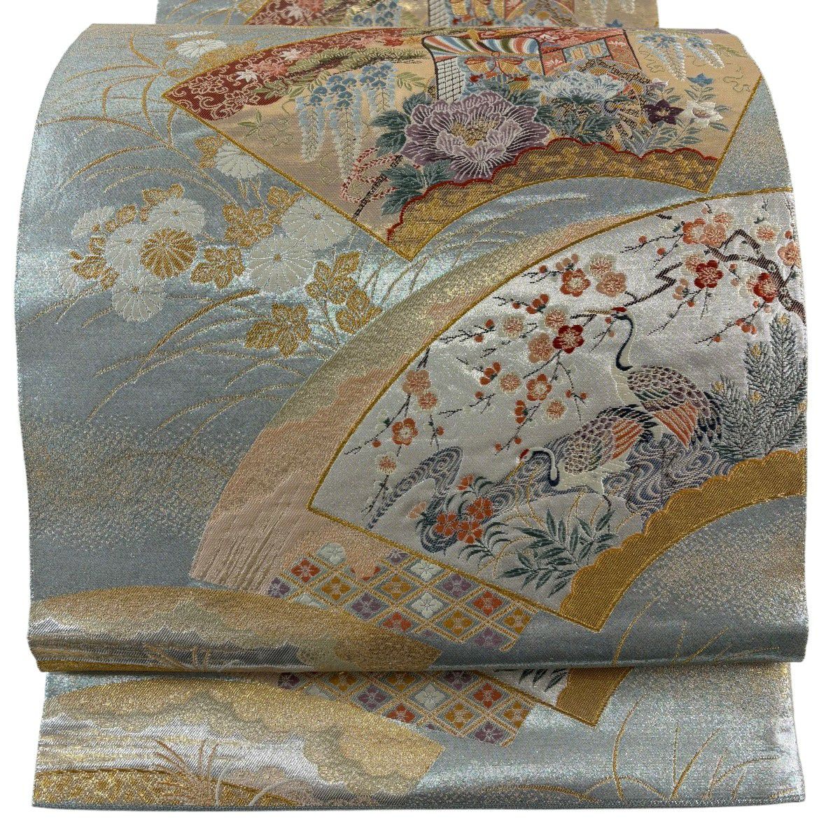 【美品】 袋帶 秀品級 關西仕立 雙面扇子 御所車 金絲 金金箔 水藍色 六通 純蠶絲