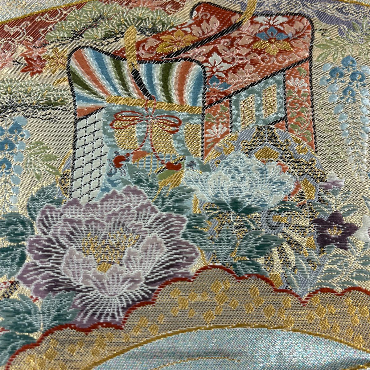 【美品】 袋帶 秀品級 關西仕立 雙面扇子 御所車 金絲 金金箔 水藍色 六通 純蠶絲