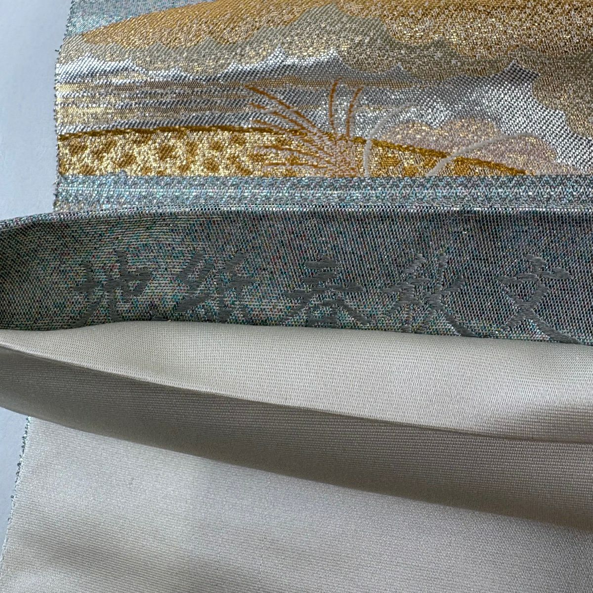 【美品】 袋帶 秀品級 關西仕立 雙面扇子 御所車 金絲 金金箔 水藍色 六通 純蠶絲