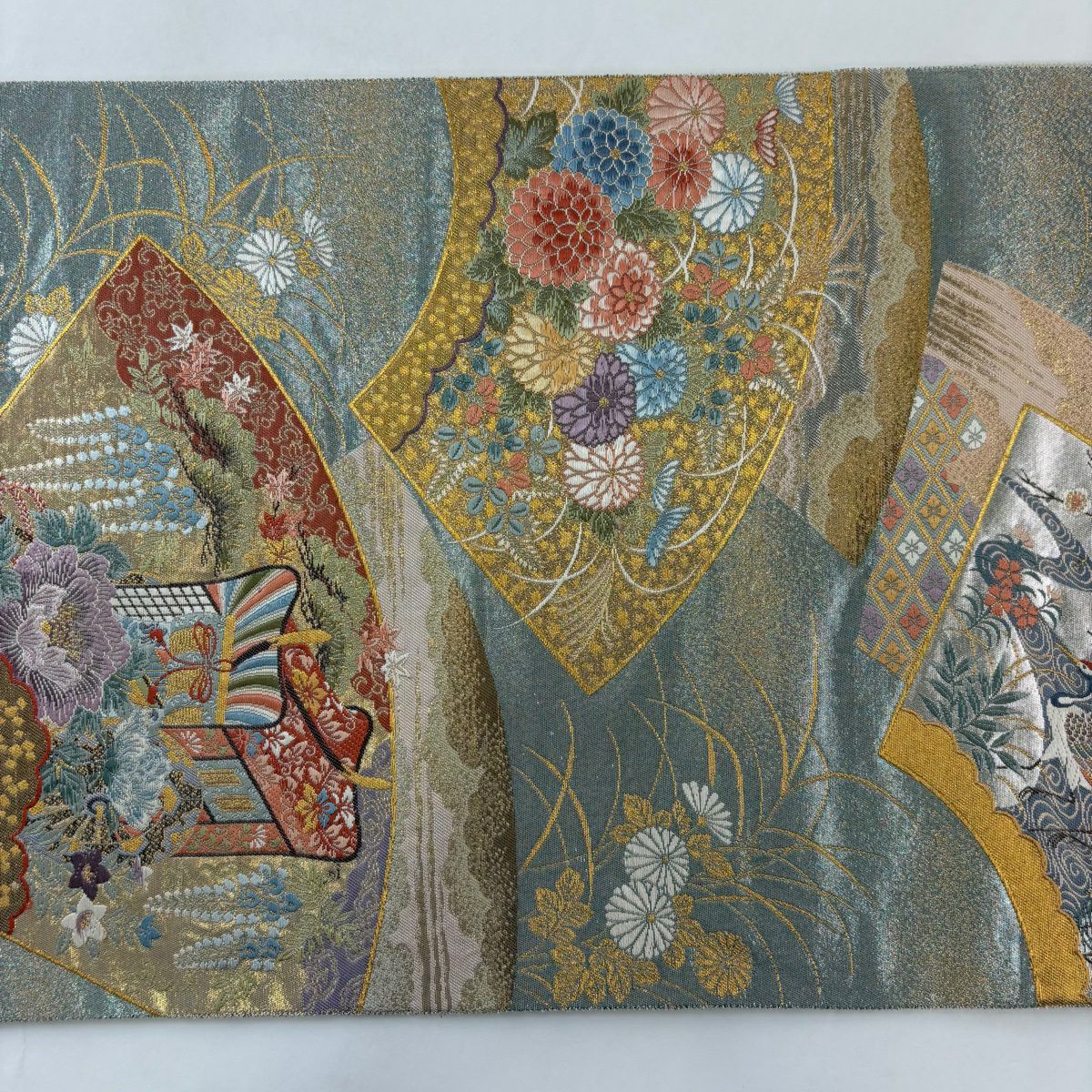 【美品】 袋帶 秀品級 關西仕立 雙面扇子 御所車 金絲 金金箔 水藍色 六通 純蠶絲