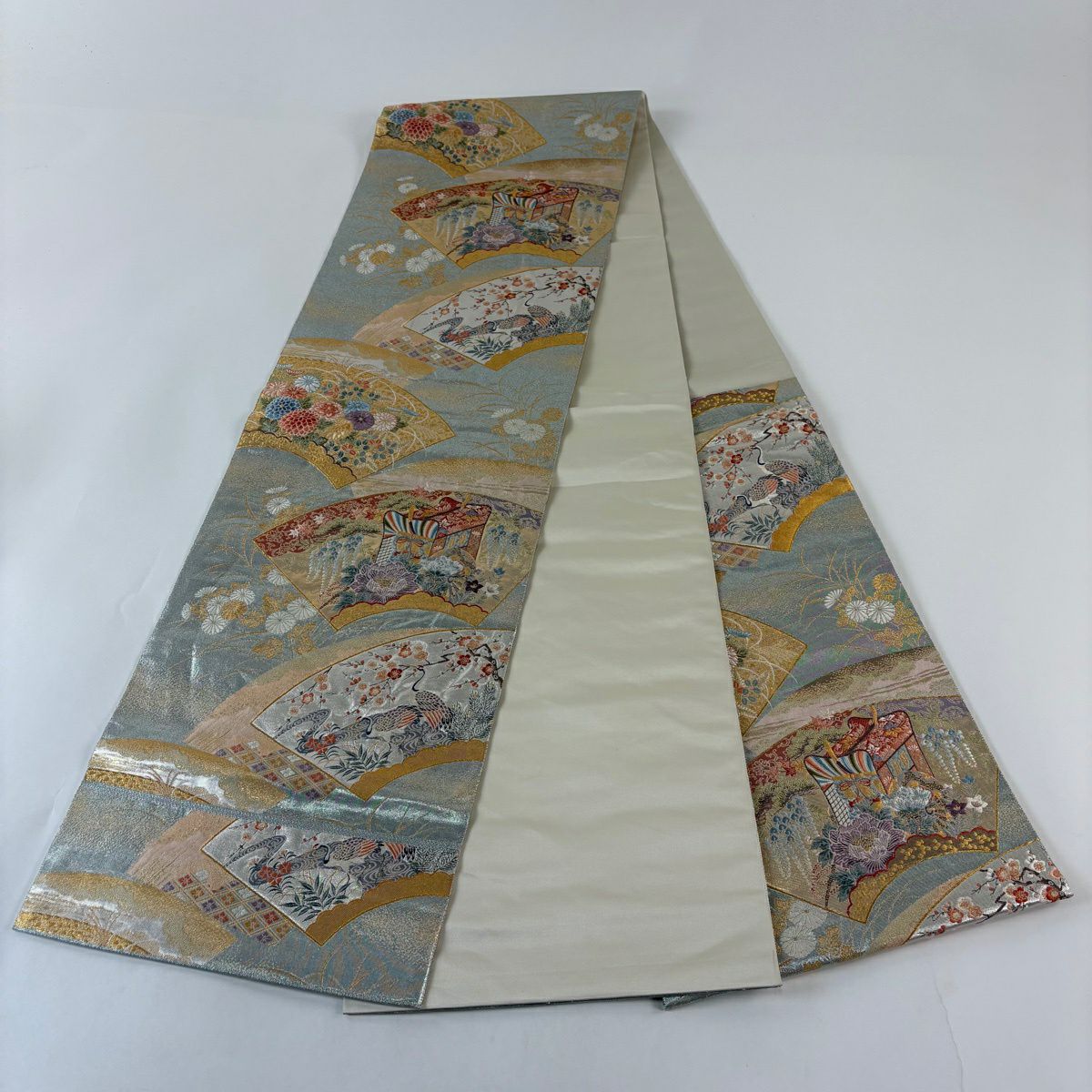 【美品】 袋帶 秀品級 關西仕立 雙面扇子 御所車 金絲 金金箔 水藍色 六通 純蠶絲