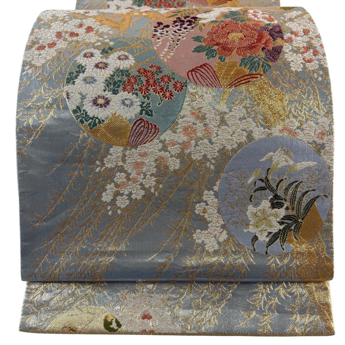 【美品】 袋帶 秀品級 關西仕立 草花紋紋 櫻花 金絲 金金箔 青灰 六通 純蠶絲