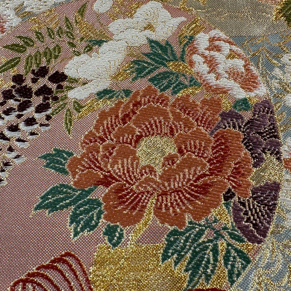 【美品】 袋帶 秀品級 關西仕立 草花紋紋 櫻花 金絲 金金箔 青灰 六通 純蠶絲