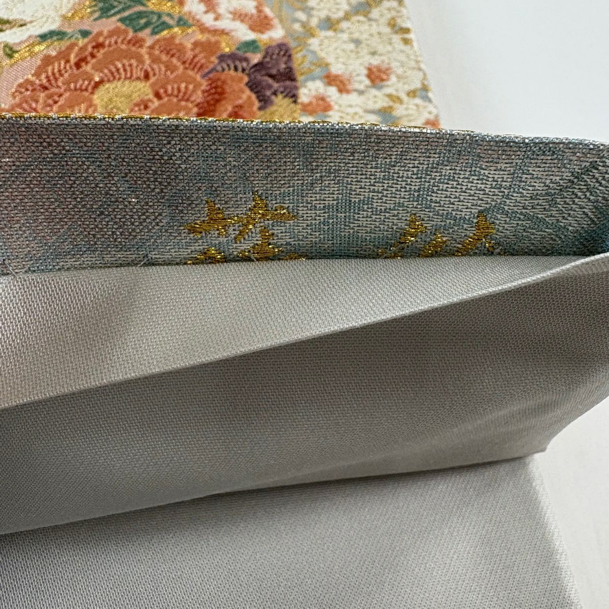 【美品】 袋帶 秀品級 關西仕立 草花紋紋 櫻花 金絲 金金箔 青灰 六通 純蠶絲