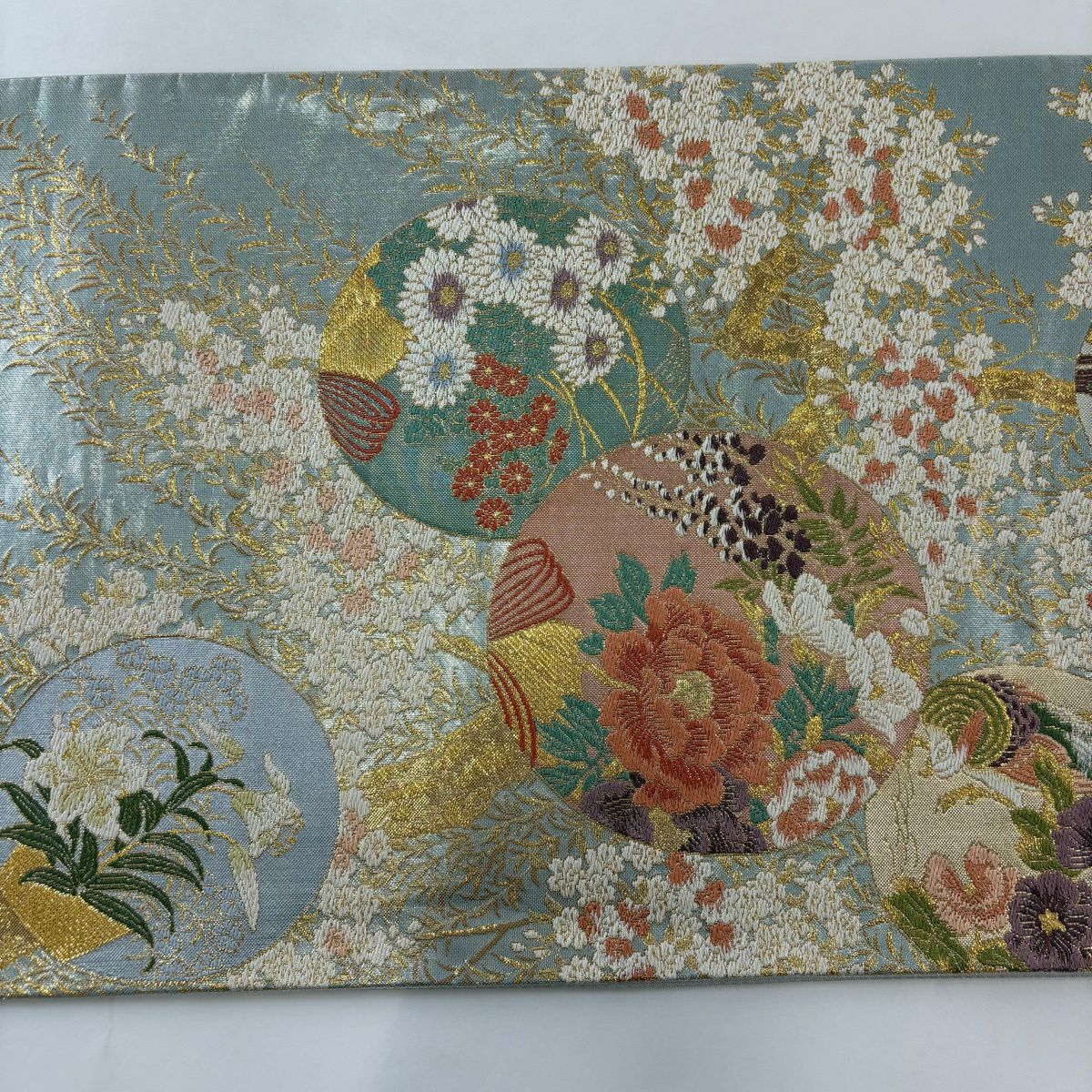 【美品】 袋帶 秀品級 關西仕立 草花紋紋 櫻花 金絲 金金箔 青灰 六通 純蠶絲