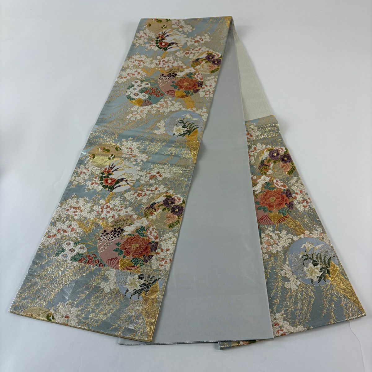 【美品】 袋帶 秀品級 關西仕立 草花紋紋 櫻花 金絲 金金箔 青灰 六通 純蠶絲