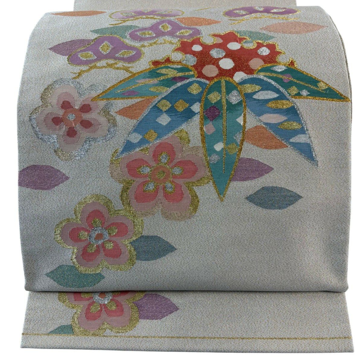 【美品】 袋帶 秀品級 松樹竹子梅花 金銀絲 米色 大鼓圖案 純蠶絲