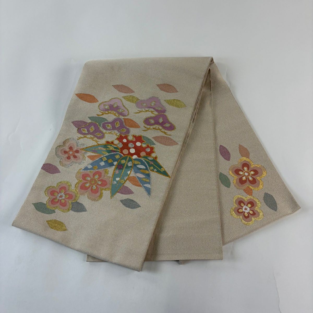 【美品】 袋帶 秀品級 松樹竹子梅花 金銀絲 米色 大鼓圖案 純蠶絲