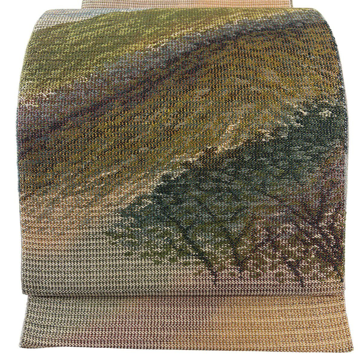 【美品】 袋帶 秀品級 山 樹木 金金箔 茶綠 素材 純蠶絲