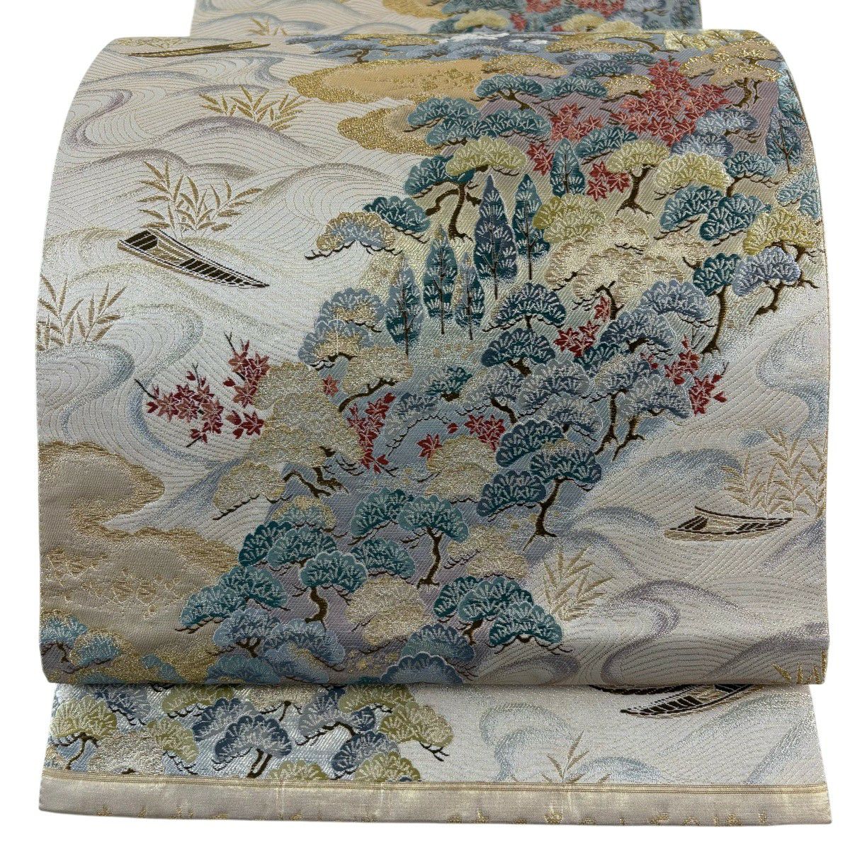 【美品】 袋帶 秀品級 日本三景中的天橋立 關西仕立 松樹 舟 金絲 金金箔 奶油 六通 純蠶絲