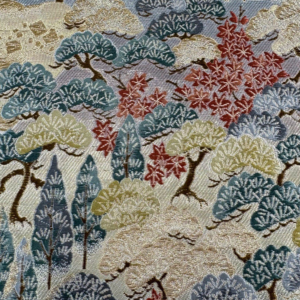 【美品】 袋帶 秀品級 日本三景中的天橋立 關西仕立 松樹 舟 金絲 金金箔 奶油 六通 純蠶絲