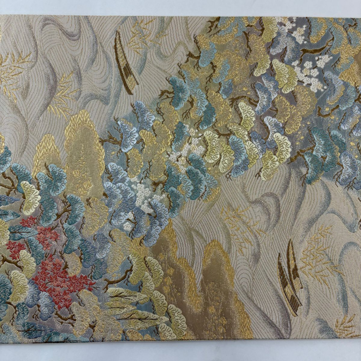 【美品】 袋帶 秀品級 日本三景中的天橋立 關西仕立 松樹 舟 金絲 金金箔 奶油 六通 純蠶絲