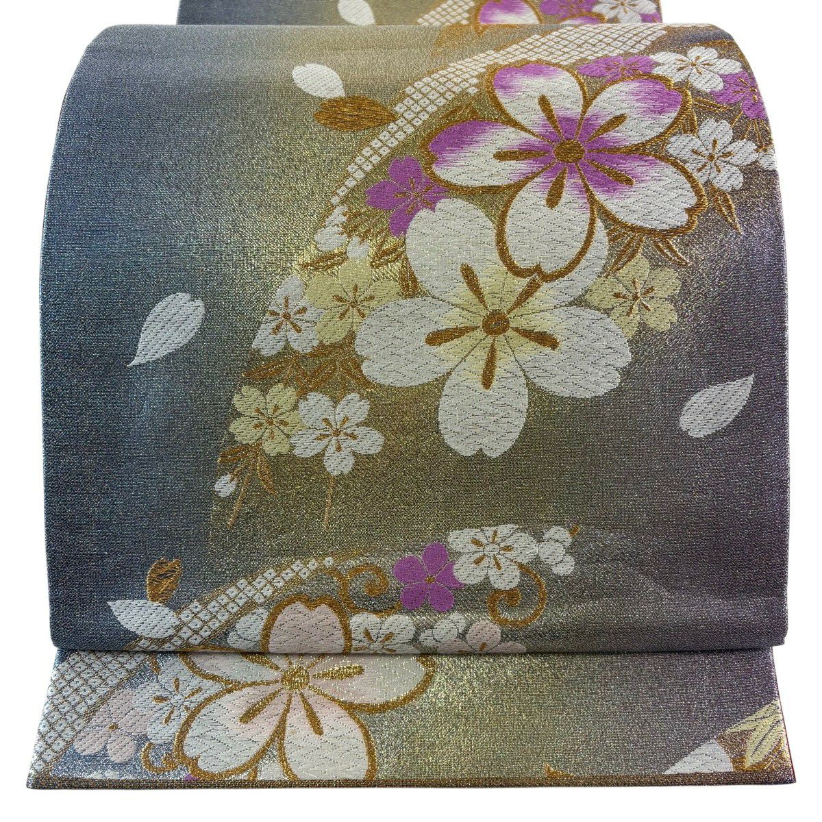 袋帶 秀品級櫻梅花 金銀彩 金金箔 淺紫 六通 純蠶絲